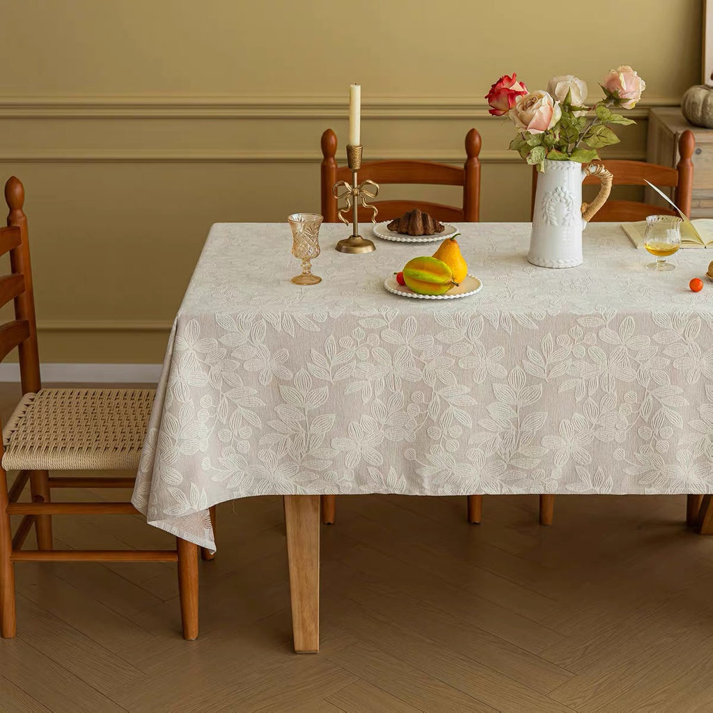 French Embossed Jacquard Chenille Tablecloth, Thick Linen-Look Anti-slip Rectangular Dining Table Cover