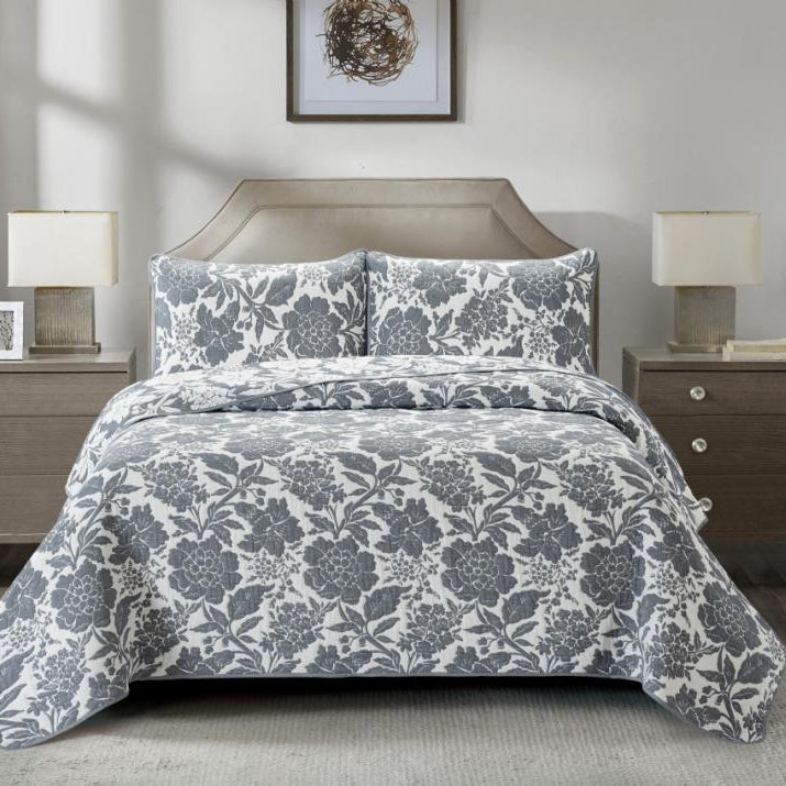 Grey Floral Quilted Bedding Set