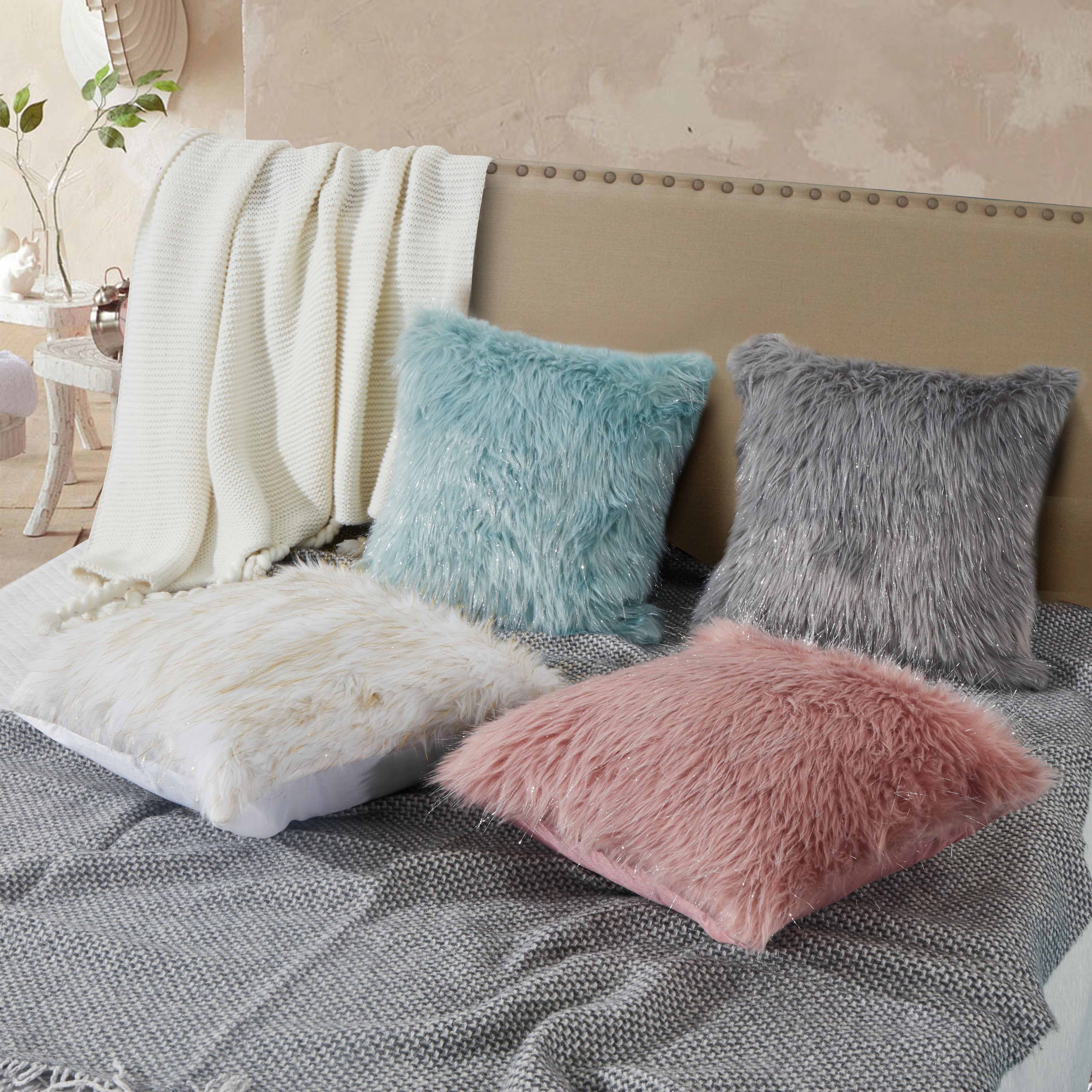 Pastel Faux Fur Throw Pillow, Multi-Color Sofa Cushion