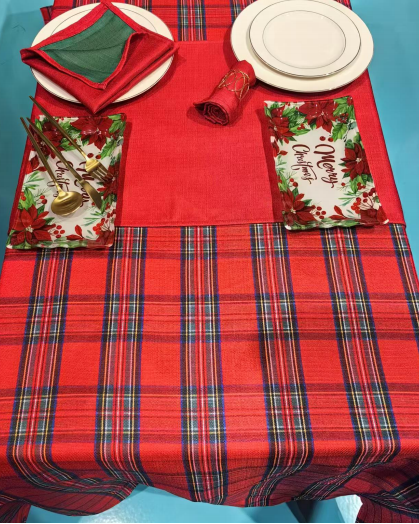 printed on polyester 240gsm MJS / 220gsm fake linen table cloth+runner+napkins+Plate/fork&knife/candle