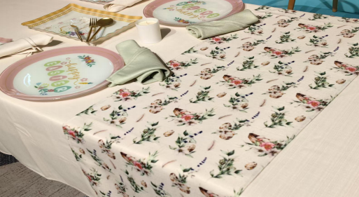 printed on polyester 240gsm MJS / 220gsm fake linen table cloth+runner+napkins+Plate/fork&knife/candle