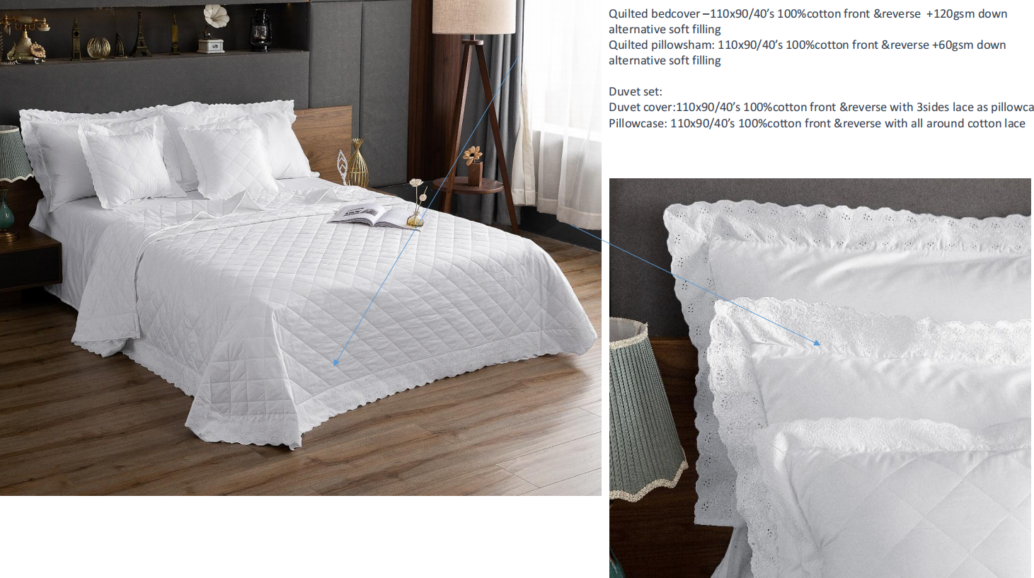 Quilted bedcover –110x90/40’s 100%cotton front &reverse +120gsm down alternative soft filling