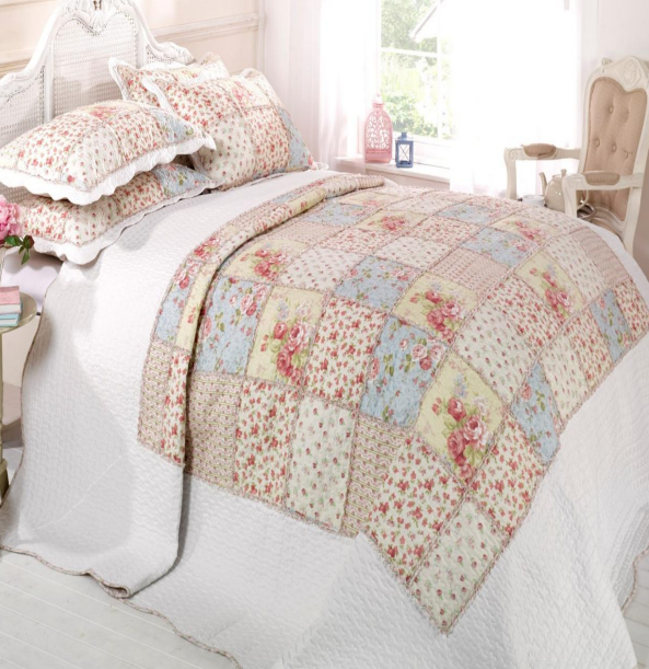 Printed bedspread set fabric: left design 160gsm polyester jacquard+rope / right design 85gsm poly microfiber+ruffle laces,filling 120gsm polyester filler