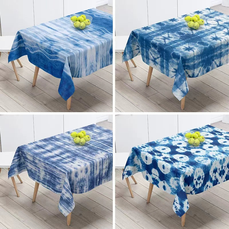 Hand-Dyed Blue Tie Dye Tablecloth, Multiple Patterns, Durable & Washable Table Cover for Casual & Formal Use