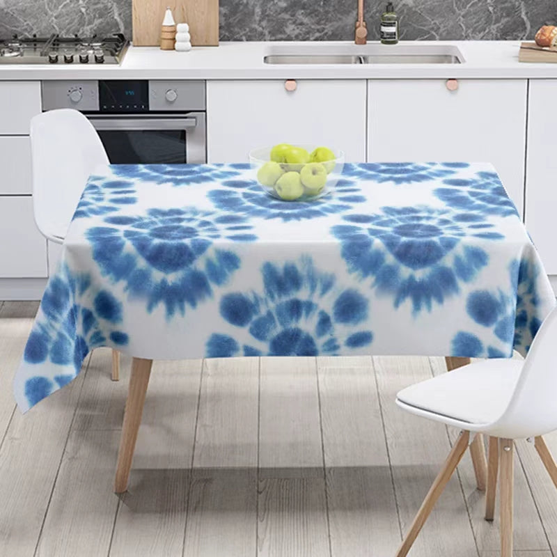 Hand-Dyed Blue Tie Dye Tablecloth, Multiple Patterns, Durable & Washable Table Cover for Casual & Formal Use