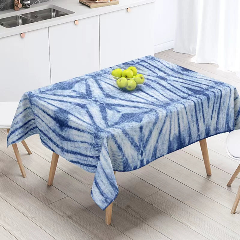Hand-Dyed Blue Tie Dye Tablecloth, Multiple Patterns, Durable & Washable Table Cover for Casual & Formal Use