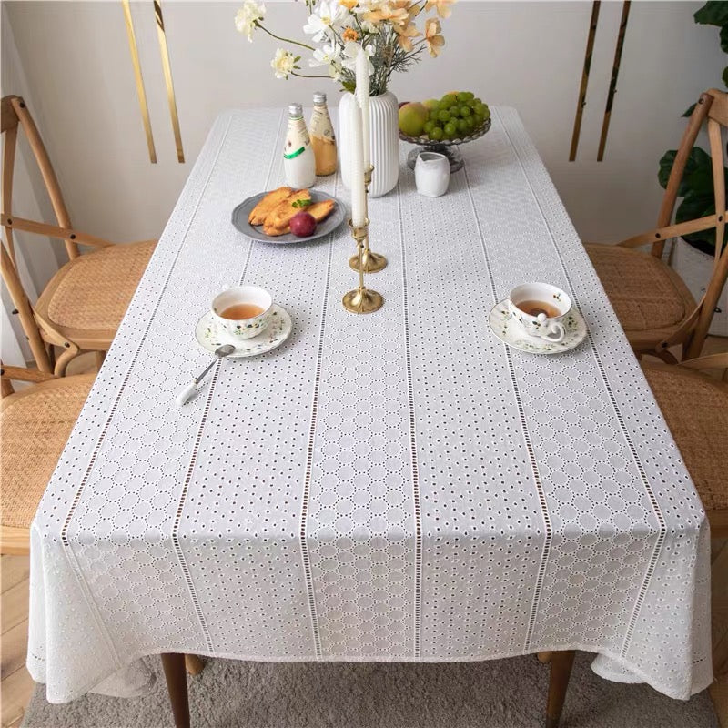 French Hollow Lace Cotton Linen Tablecloth, European Pastoral White Eyelet Embroidery Rectangular Dining Table Cover