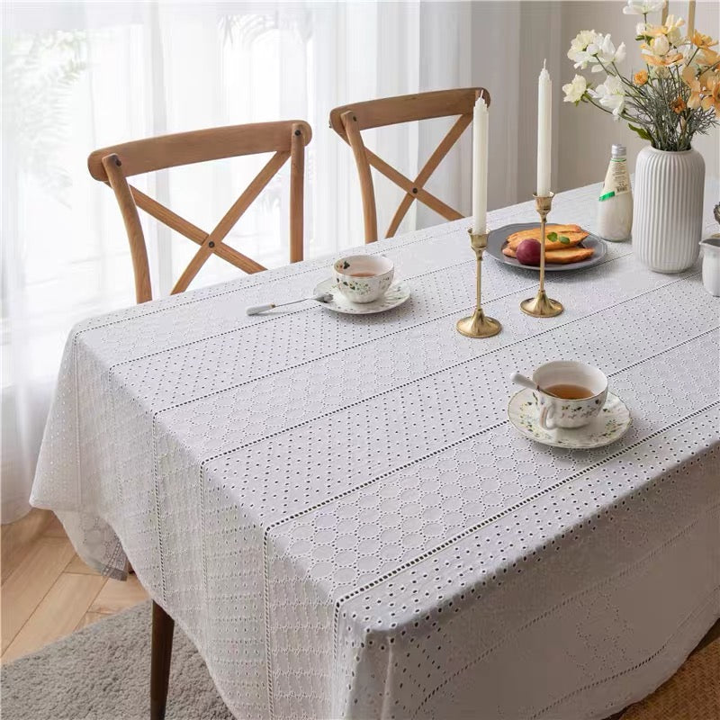 French Hollow Lace Cotton Linen Tablecloth, European Pastoral White Eyelet Embroidery Rectangular Dining Table Cover