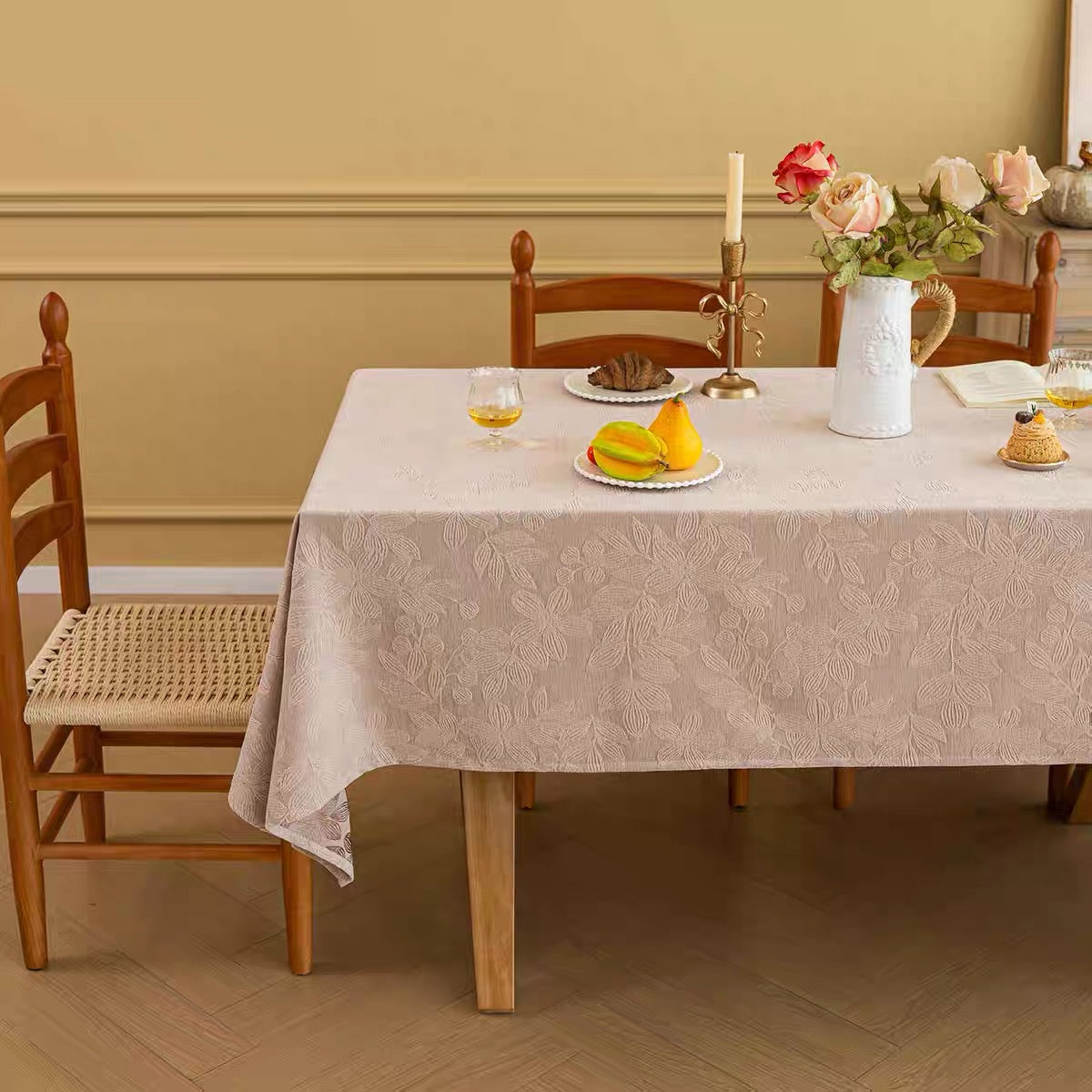 French Embossed Jacquard Chenille Tablecloth, Thick Linen-Look Anti-slip Rectangular Dining Table Cover