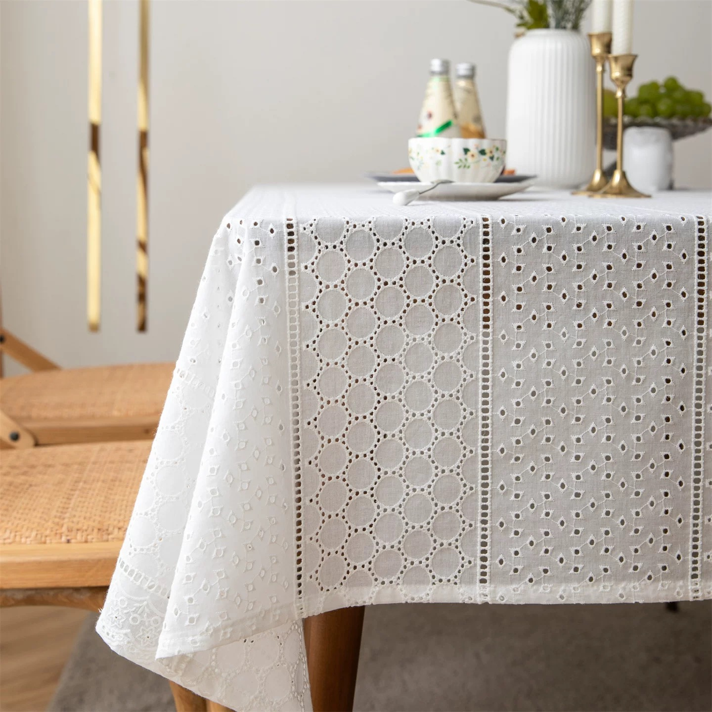 French Hollow Lace Cotton Linen Tablecloth, European Pastoral White Eyelet Embroidery Rectangular Dining Table Cover