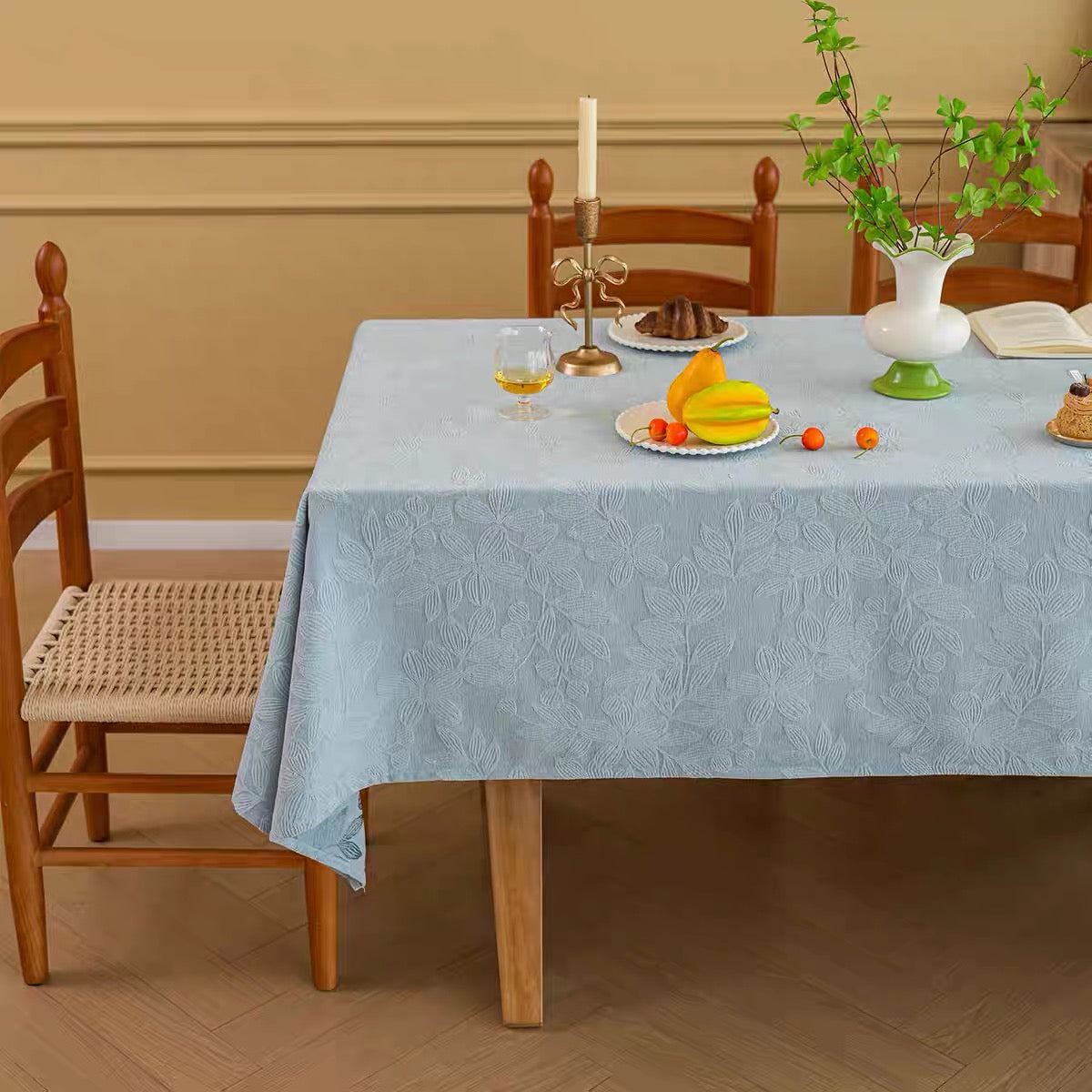 French Embossed Jacquard Chenille Tablecloth, Thick Linen-Look Anti-slip Rectangular Dining Table Cover