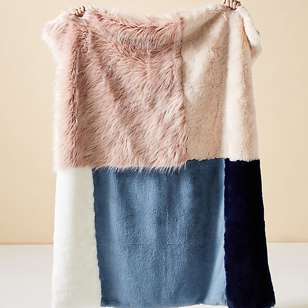 Color-block faux fur throw blanket