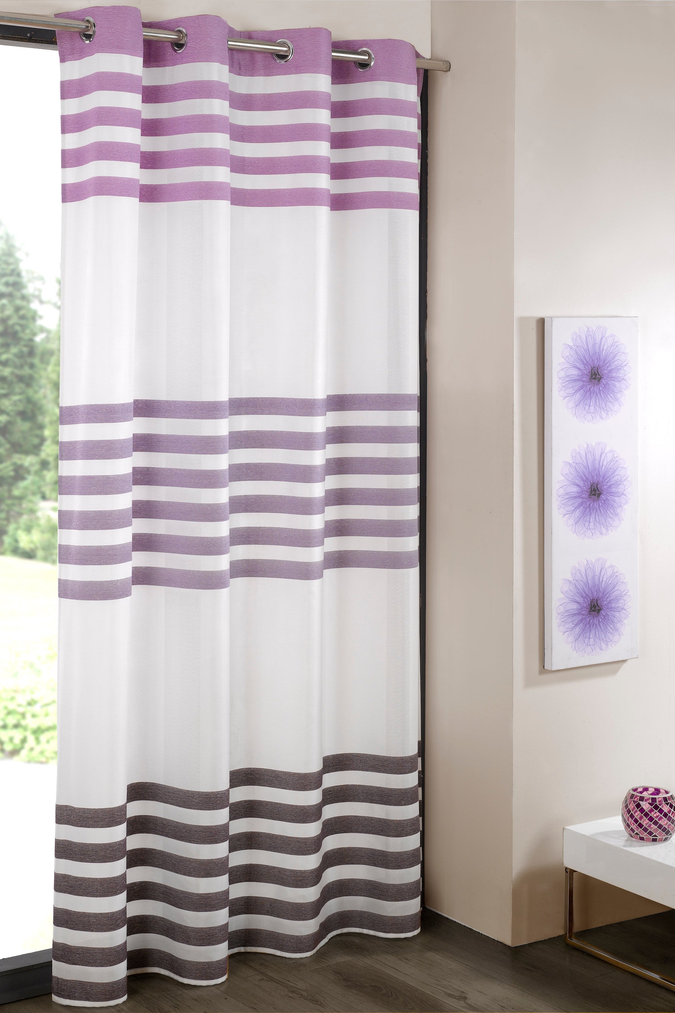 3-Tier Purple Brown Stripe Eyelet Sheer Curtains