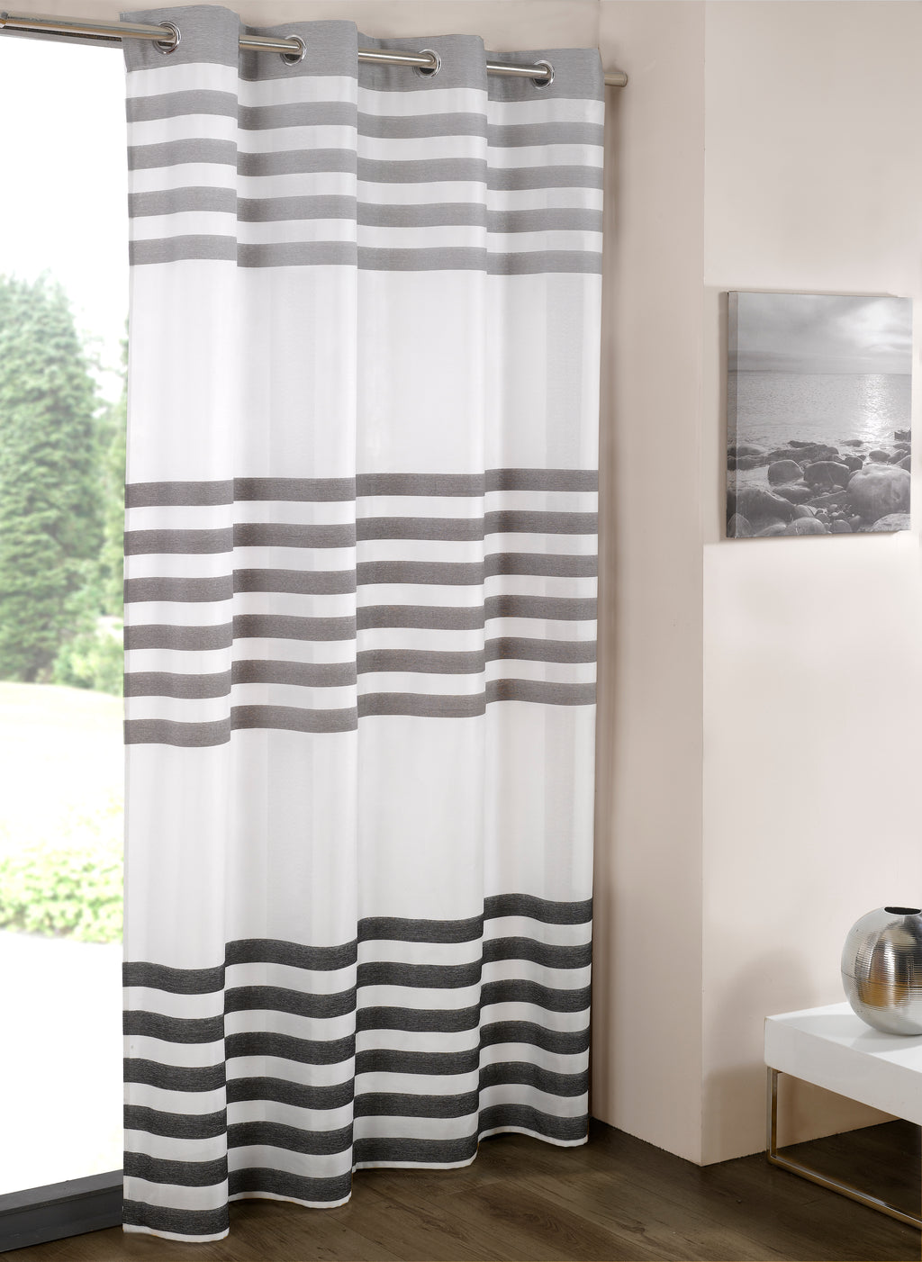 3-Tier Purple Brown Stripe Eyelet Sheer Curtains