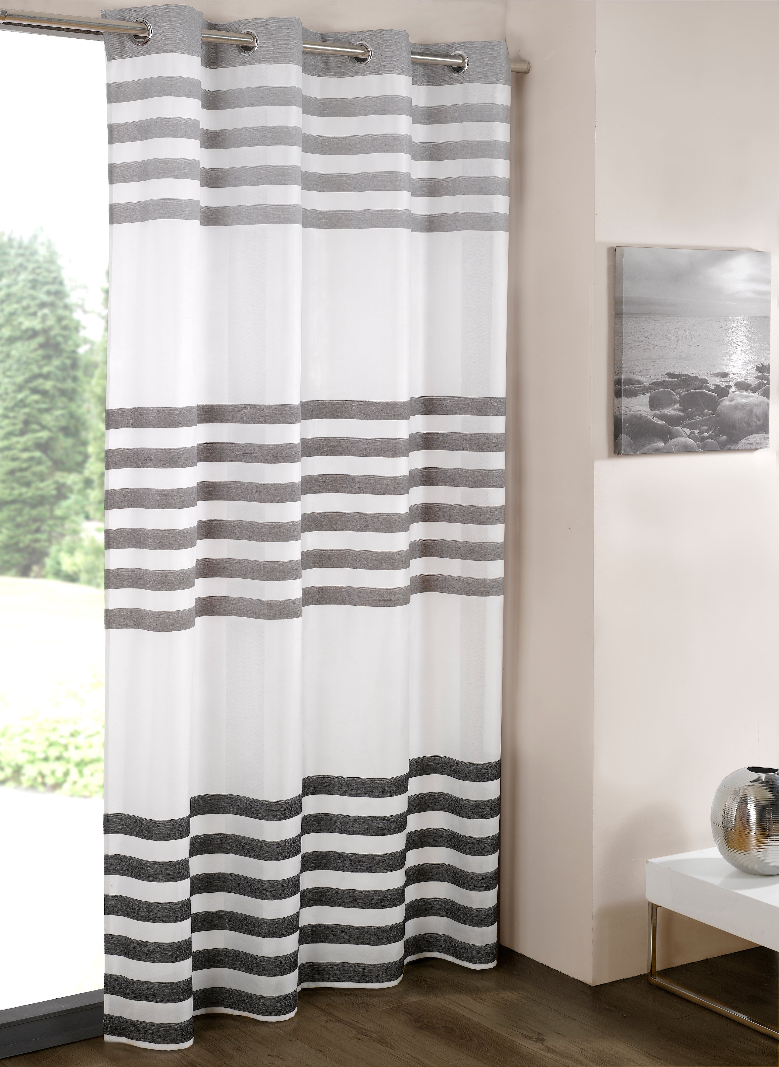 3-Tier Purple Brown Stripe Eyelet Sheer Curtains