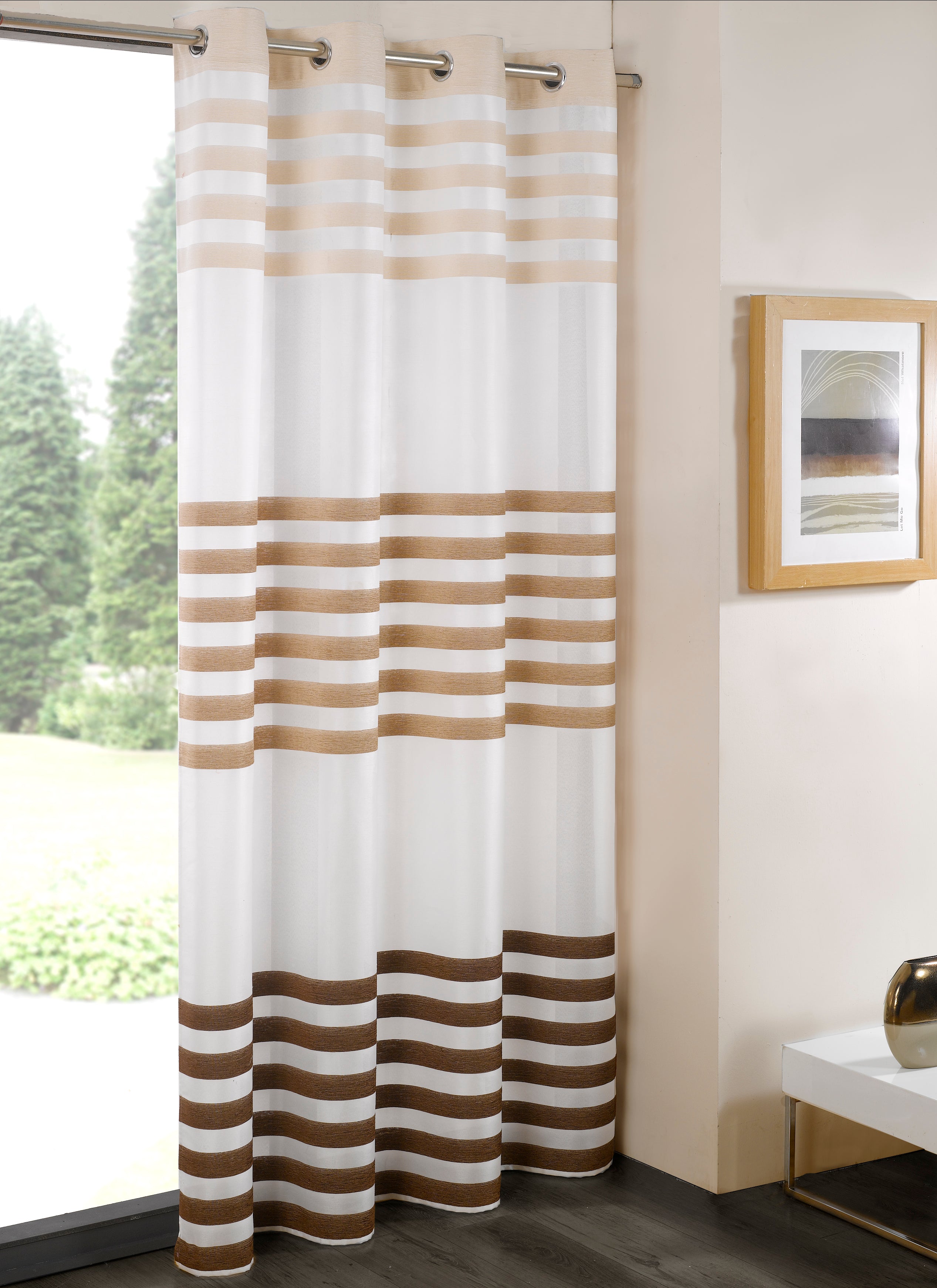 3-Tier Purple Brown Stripe Eyelet Sheer Curtains
