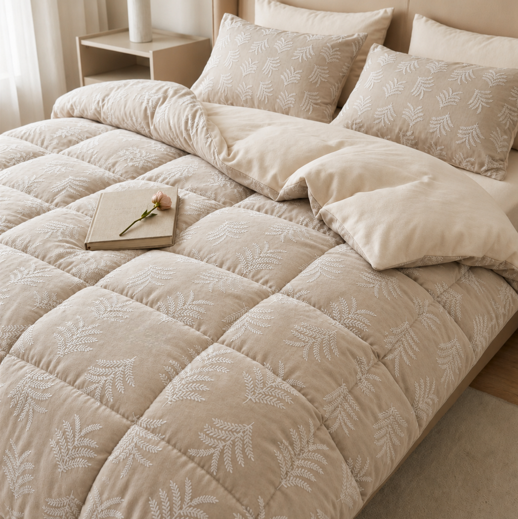 Embroidery effect glued flannel comforter