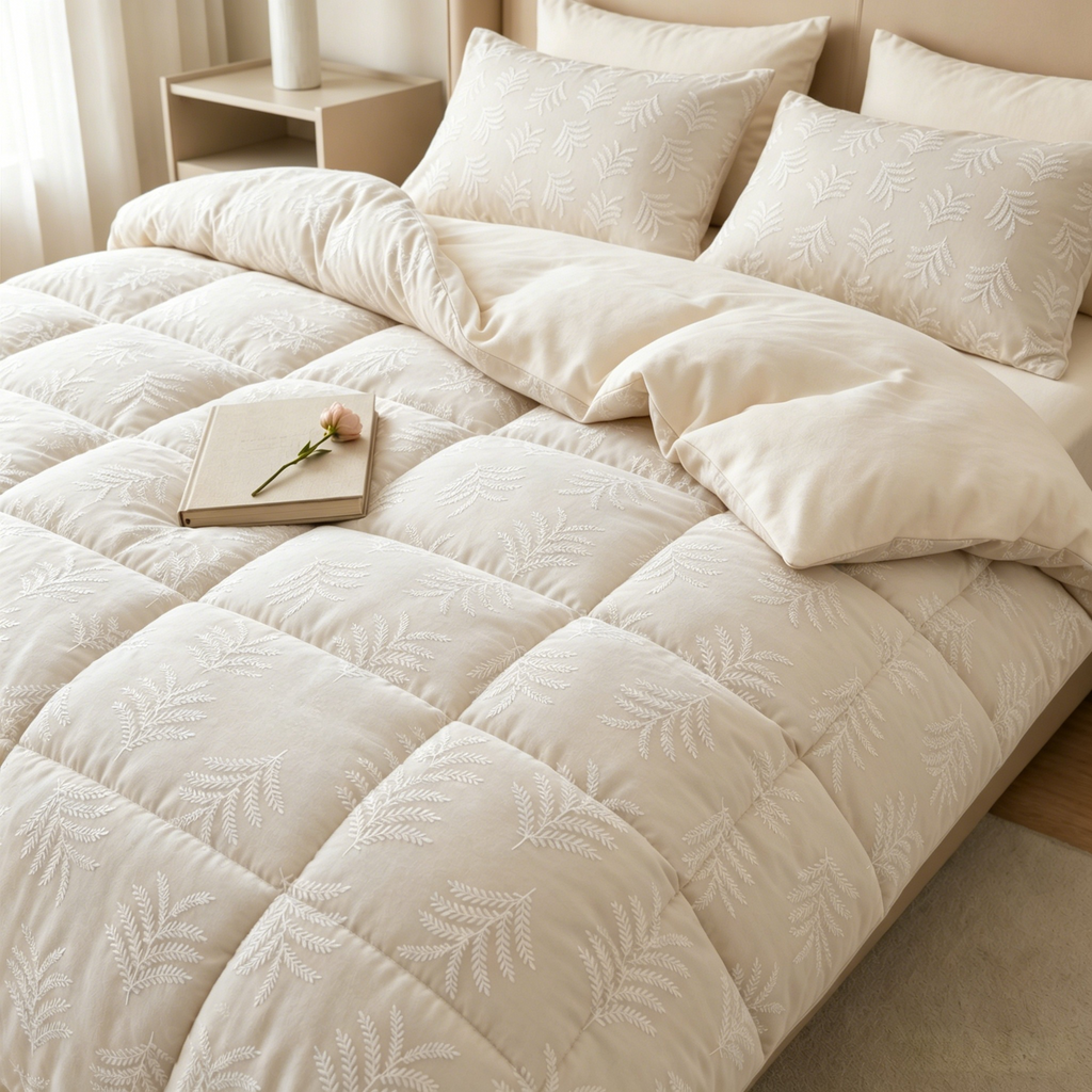 Embroidery effect glued flannel comforter