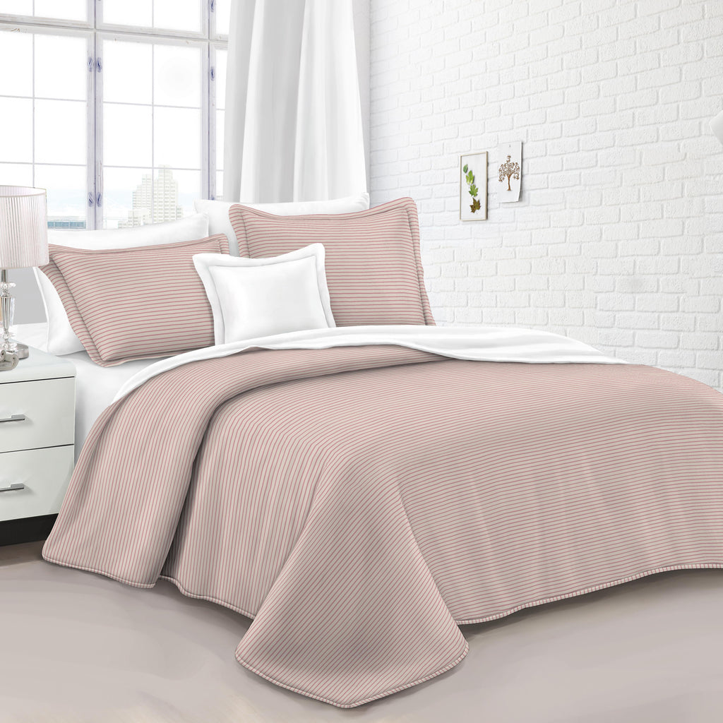 Solid Fine Striped Quilt Bedspread 3 Piece Bedding Set, Neutral Tone All Season Coverlet Set