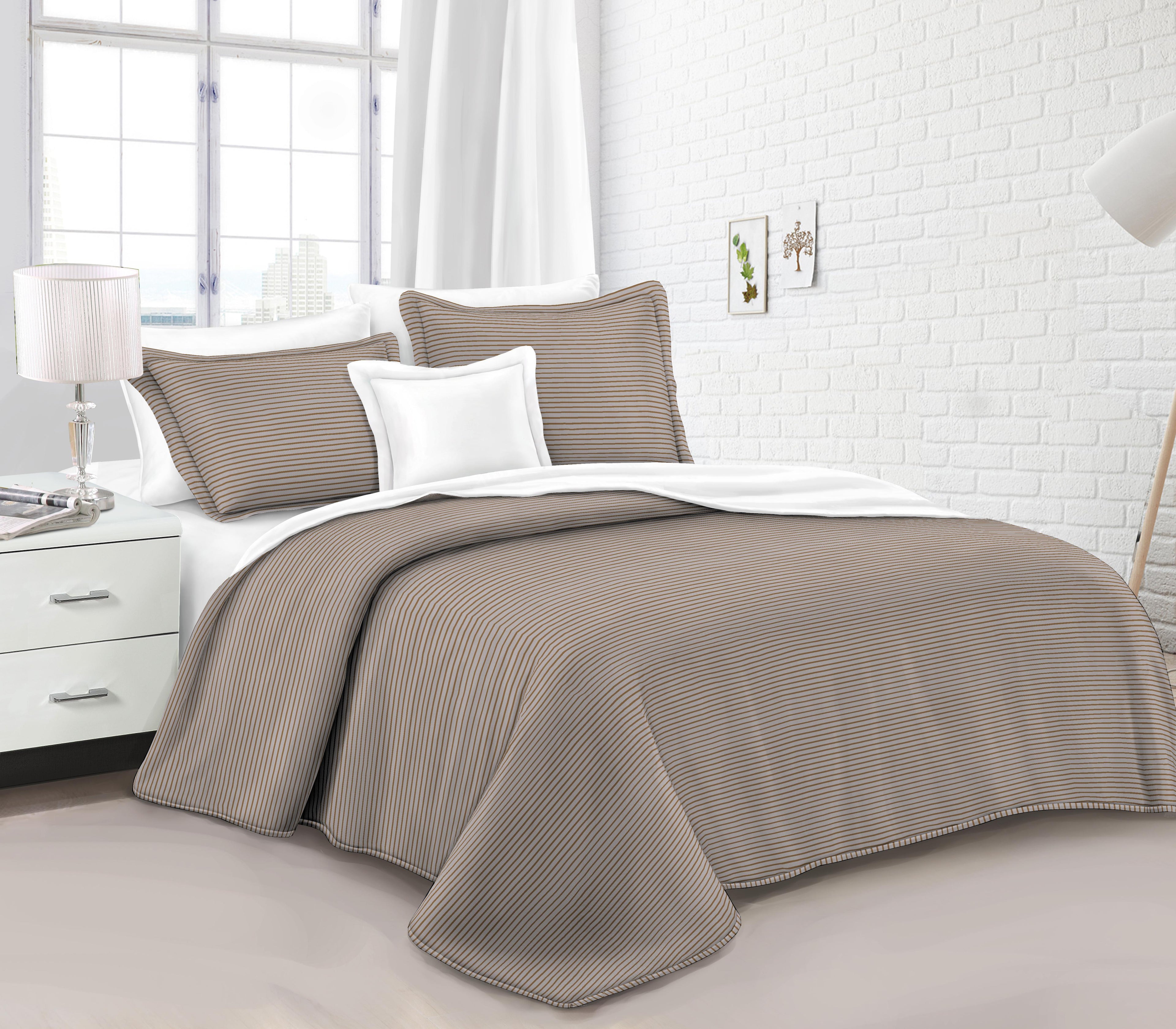 Solid Fine Striped Quilt Bedspread 3 Piece Bedding Set, Neutral Tone All Season Coverlet Set
