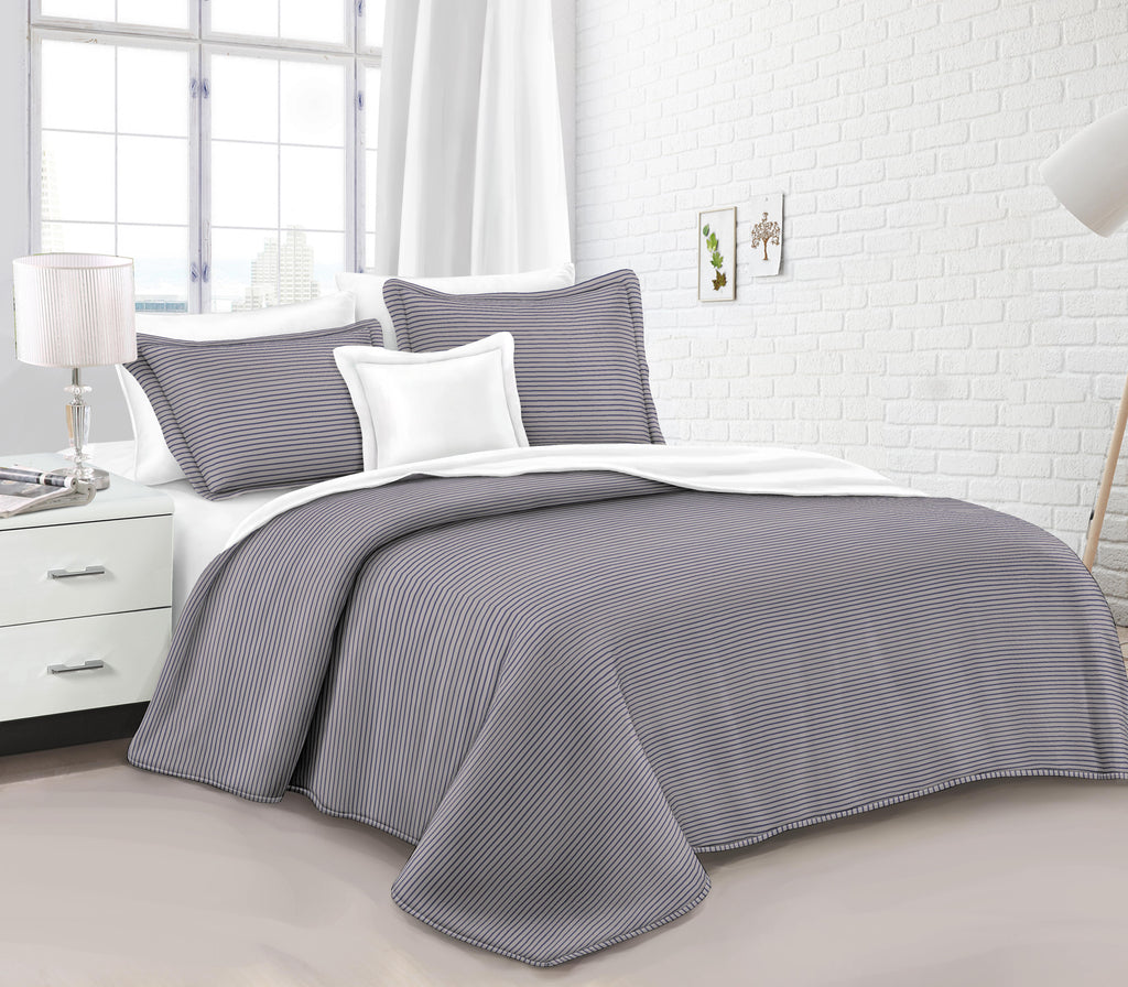 Solid Fine Striped Quilt Bedspread 3 Piece Bedding Set, Neutral Tone All Season Coverlet Set