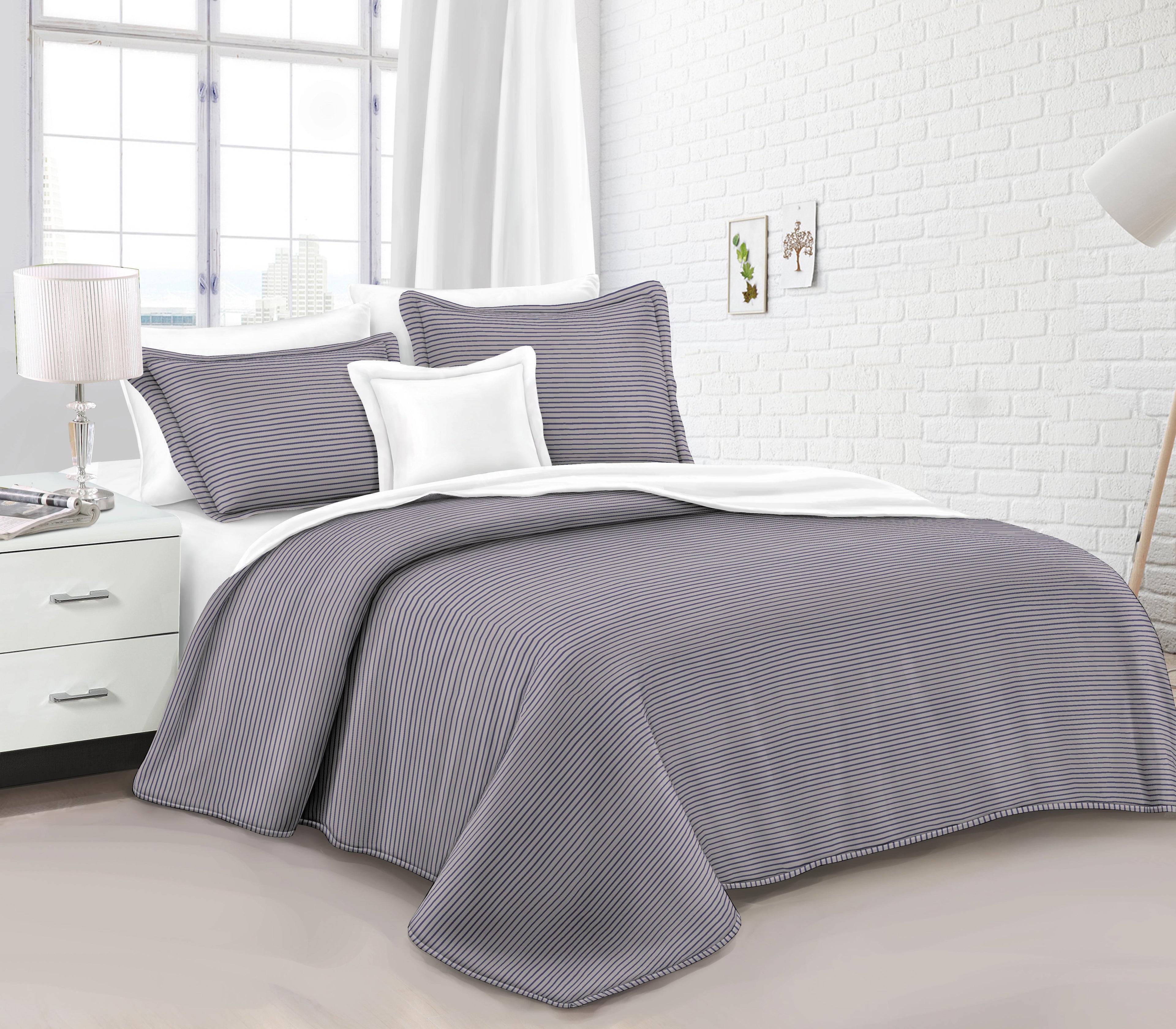 Solid Fine Striped Quilt Bedspread 3 Piece Bedding Set, Neutral Tone All Season Coverlet Set