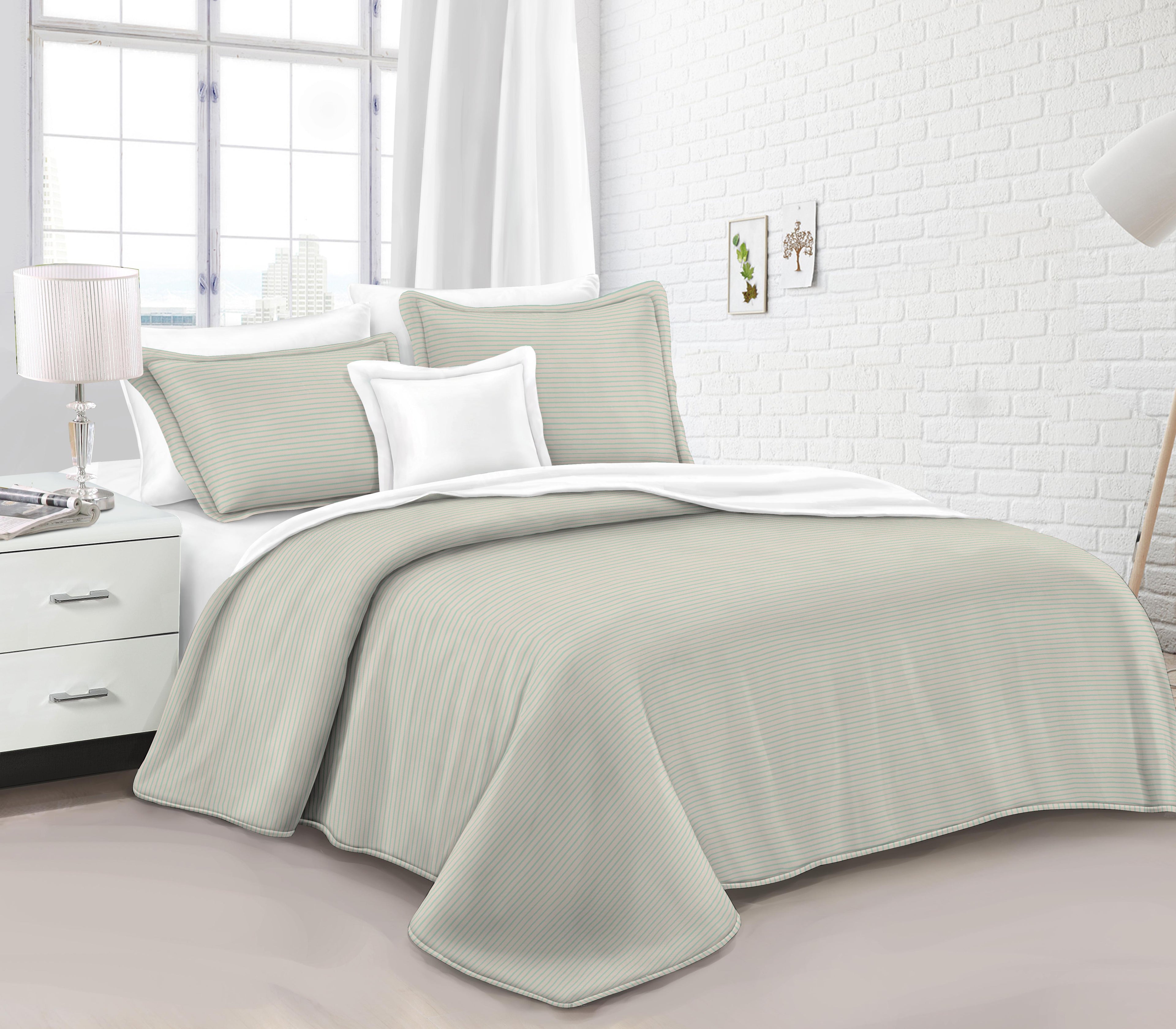 Solid Fine Striped Quilt Bedspread 3 Piece Bedding Set, Neutral Tone All Season Coverlet Set