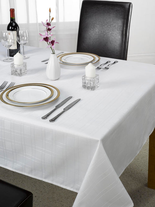 100% Polyester White Grid Jacquard Tablecloth, Easy-Care, Wrinkle-Resistant, Reusable Table Cover for Commercial & Home Use