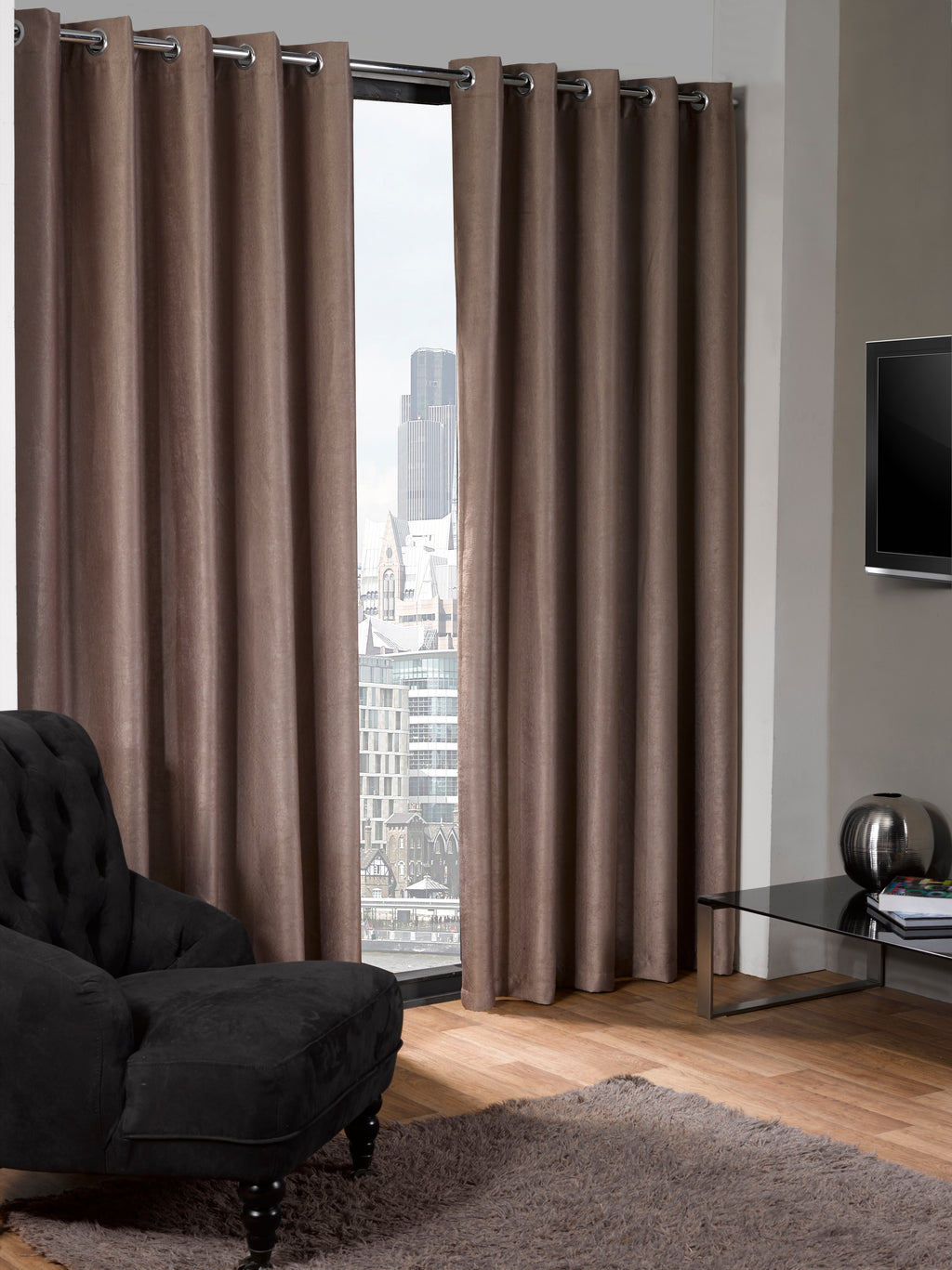 Modern Minimalist Matte Solid Velvet Blackout Eyelet Curtains