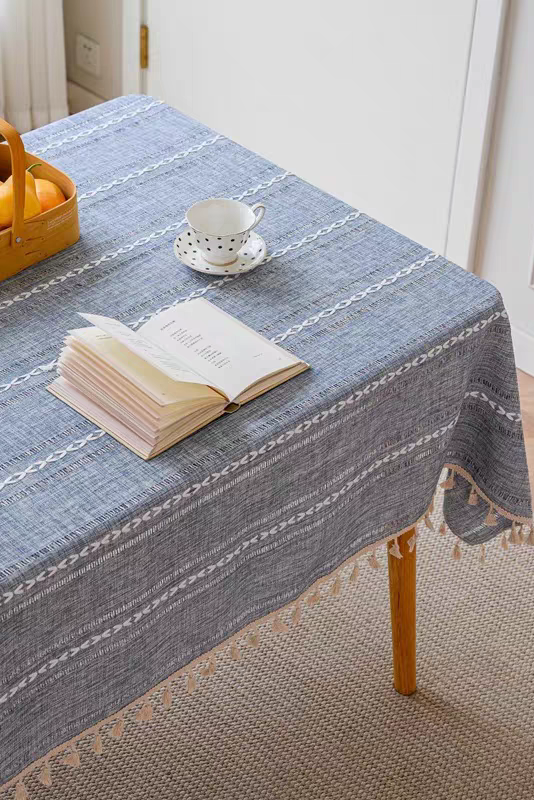 Blue Grey Linen-Look Tablecloth with White Embroidery & Tassels, Farmhouse Style, Decorative Table Cover for Dining & Home