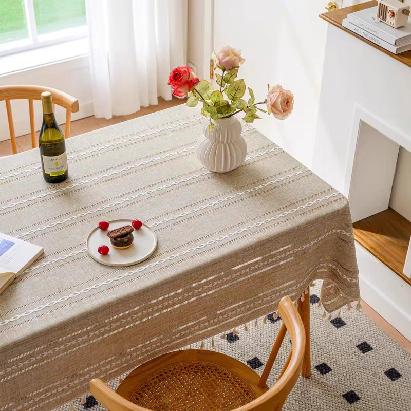 Blue Grey Linen-Look Tablecloth with White Embroidery & Tassels, Farmhouse Style, Decorative Table Cover for Dining & Home