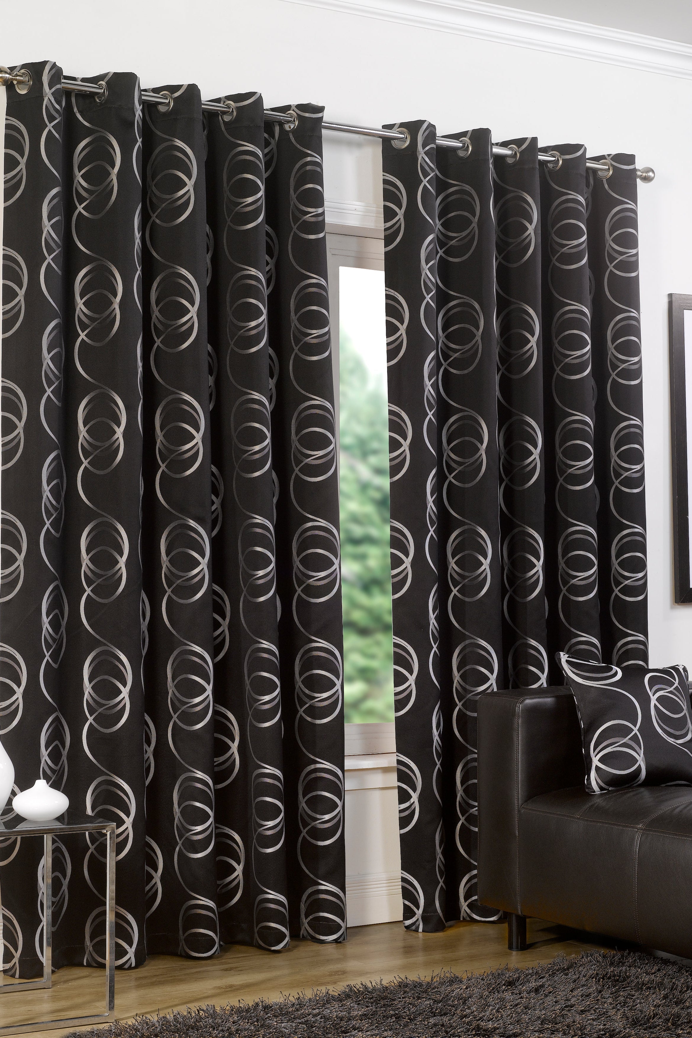 Contemporary Metallic Swirl Circle Blackout Eyelet Curtains