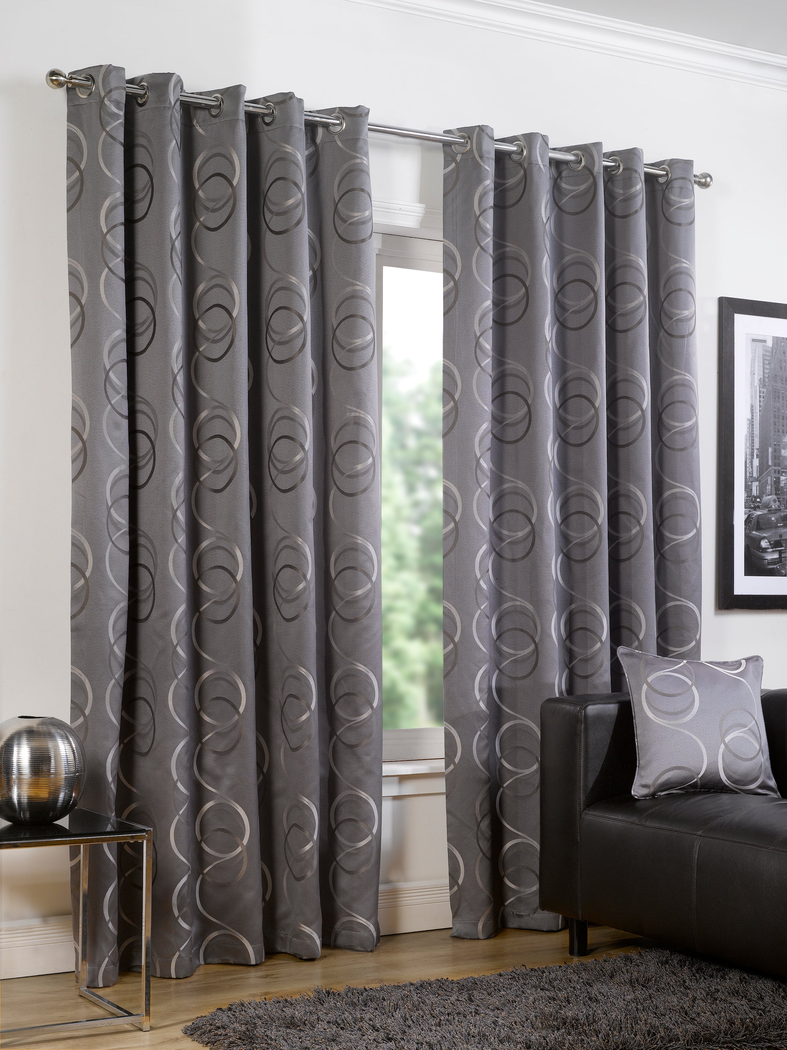 Contemporary Metallic Swirl Circle Blackout Eyelet Curtains