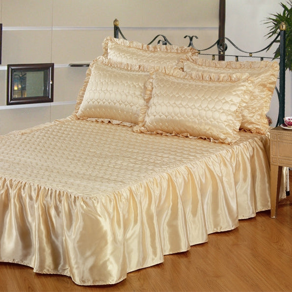 Luxury Satin Quilted Bed Skirt 3 Piece Bedding Set, Ruffle Frilled Padded Bedspread with Matching Pillow Shams