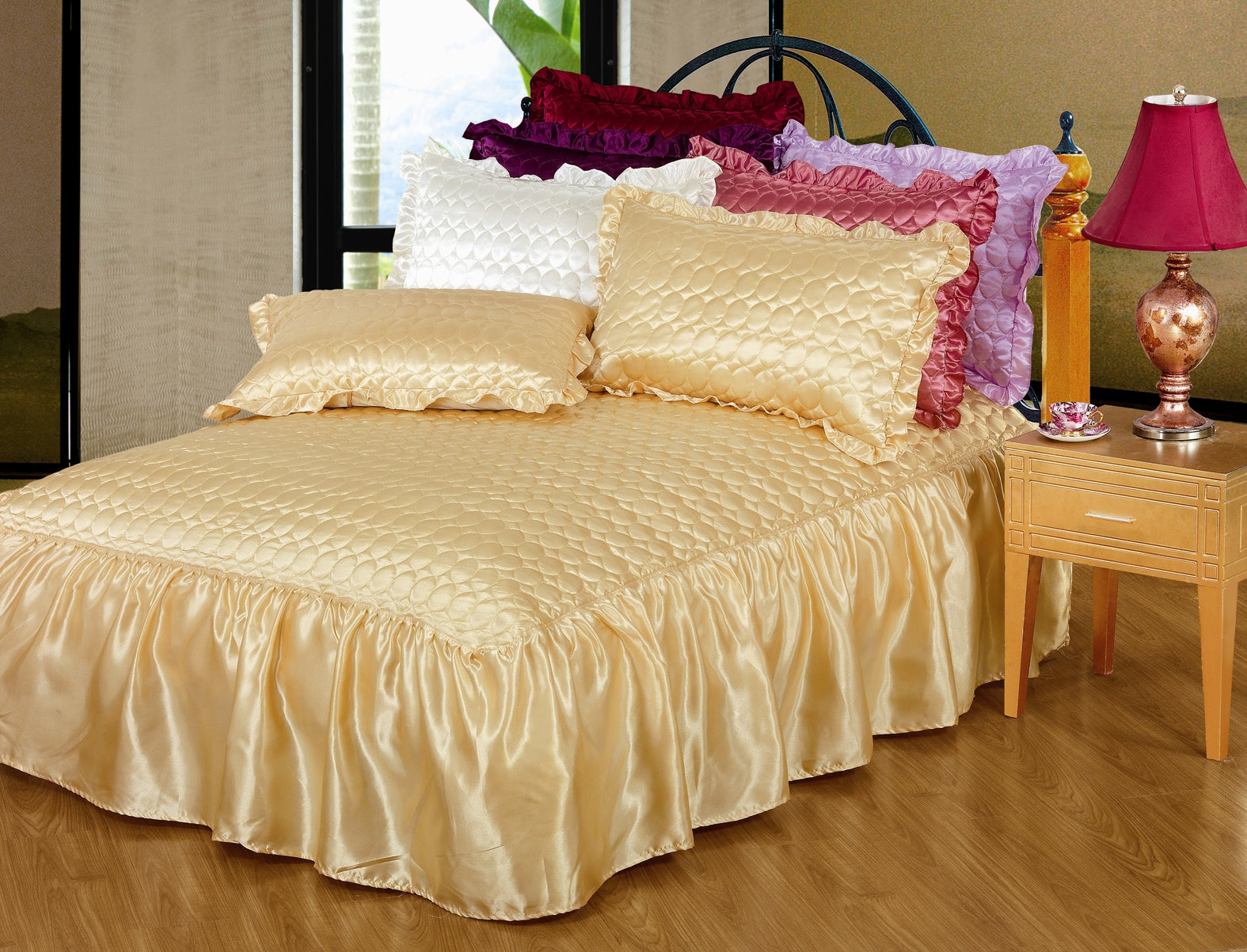 Luxury Satin Quilted Bed Skirt 3 Piece Bedding Set, Ruffle Frilled Padded Bedspread with Matching Pillow Shams