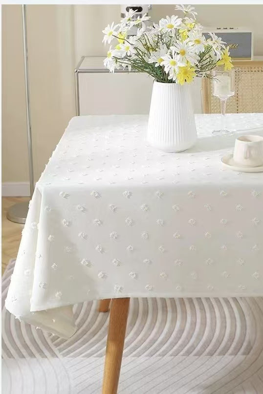 White 3D Textured Tablecloth with Tufted Dots, Soft Fabric, Elegant Table Cover for Dining & Home Decor