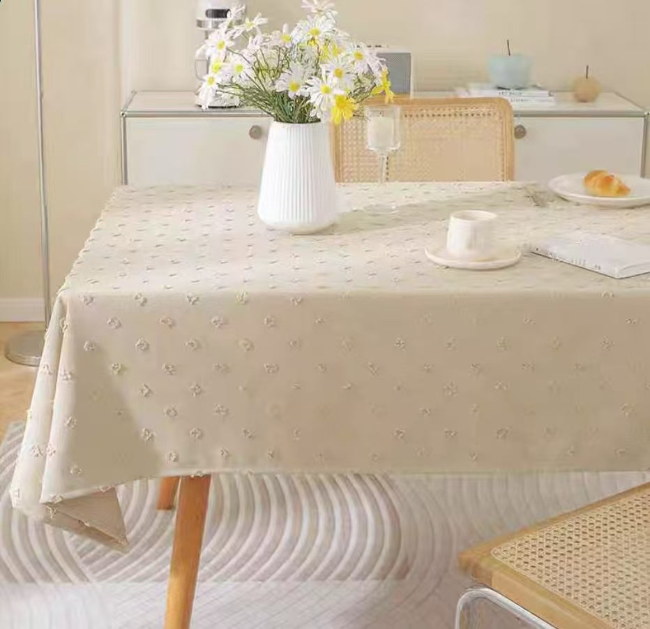 White 3D Textured Tablecloth with Tufted Dots, Soft Fabric, Elegant Table Cover for Dining & Home Decor