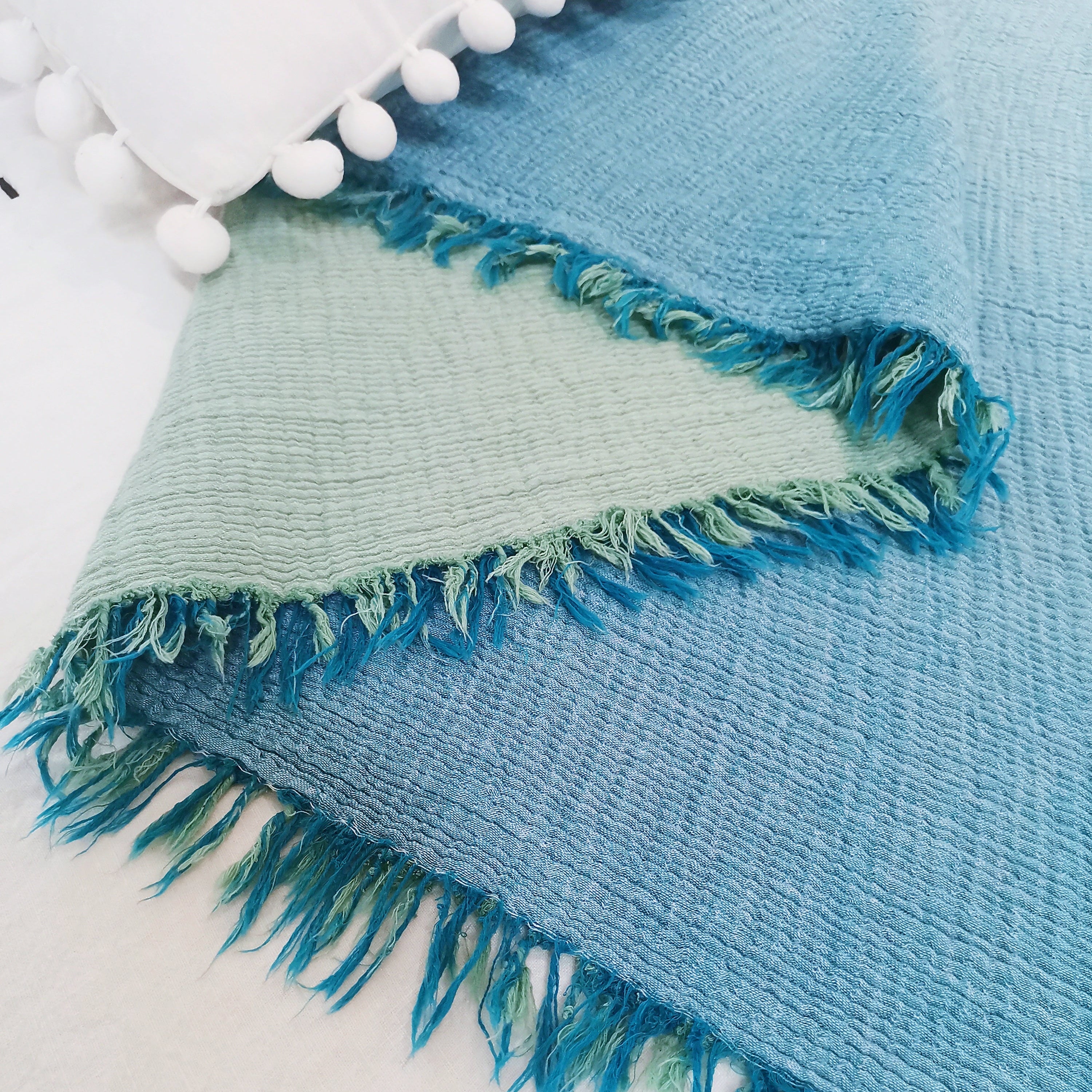 Blue-Green Gradient Fringe Cotton Throw