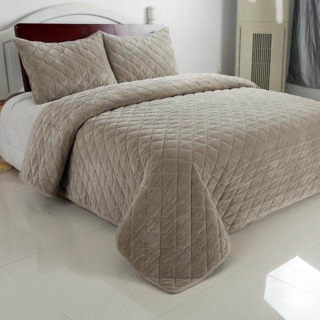 Soft Velvet Quilted Coverlet Set | Neutral Solid Tone Warm Bedroom Bedspread Bedding