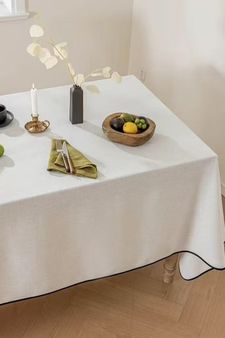 Elegant Off-White Tablecloth with Black Trim, Neutral Tone