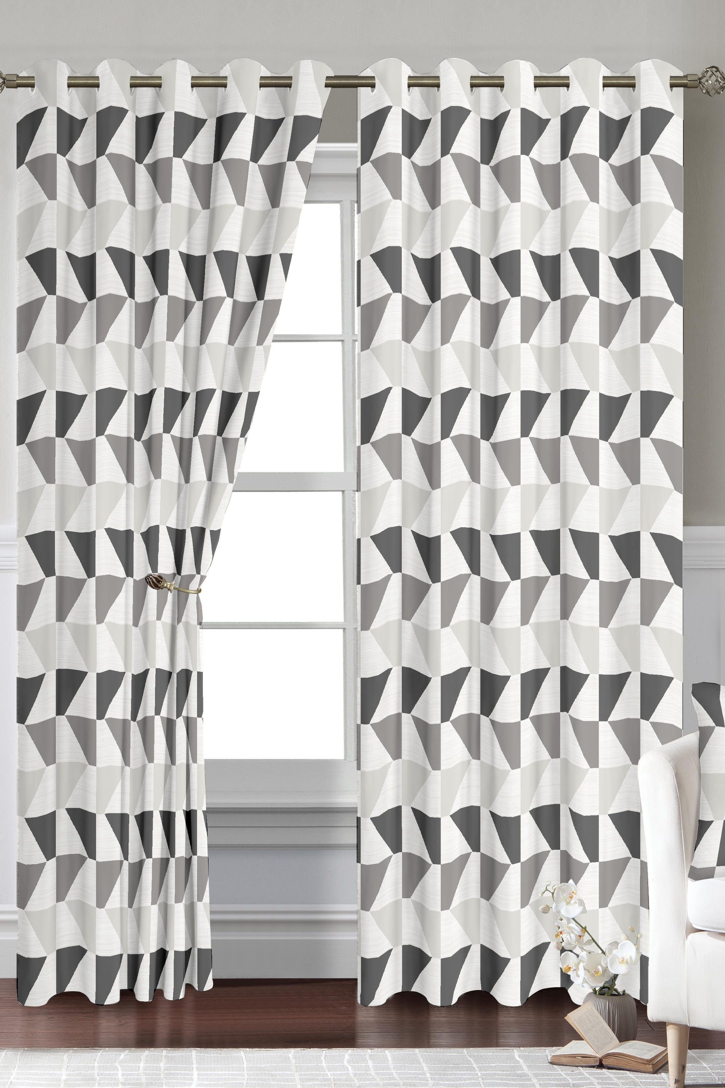 Geometric Triangle Printed Eyelet Blackout Curtains, Modern Tri Color Block Thermal Insulated Window Drapes Multiple Colors for Bedroom Living Room