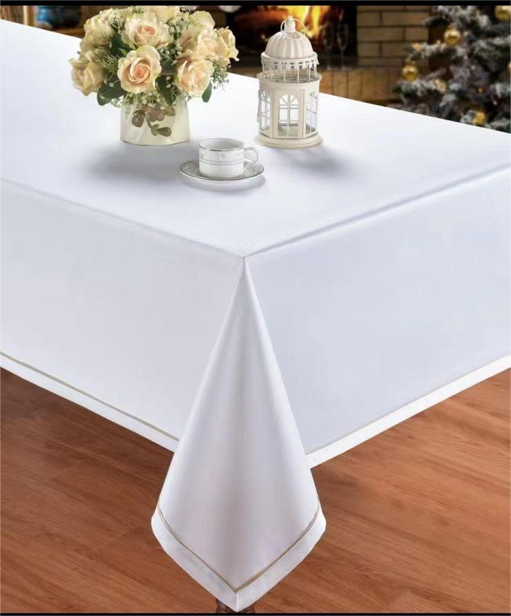 Light Grey/White/Black Tablecloth with Thin Black Hem, Simple Elegant Design, Decorative Table Cover for Everyday Use