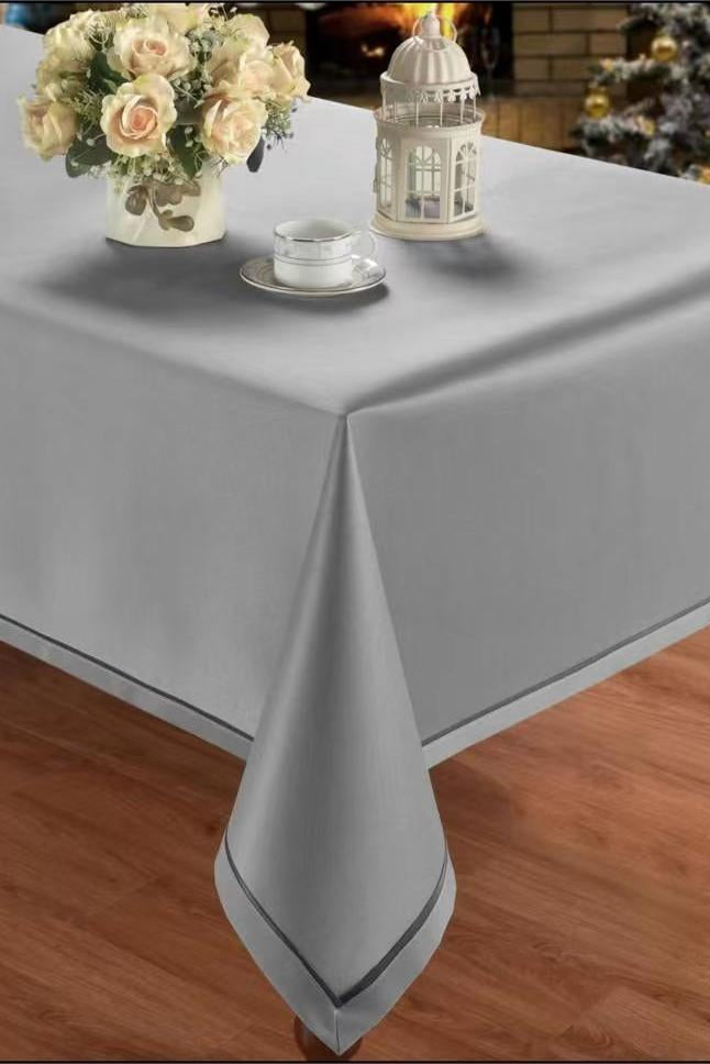 Light Grey/White/Black Tablecloth with Thin Black Hem, Simple Elegant Design, Decorative Table Cover for Everyday Use