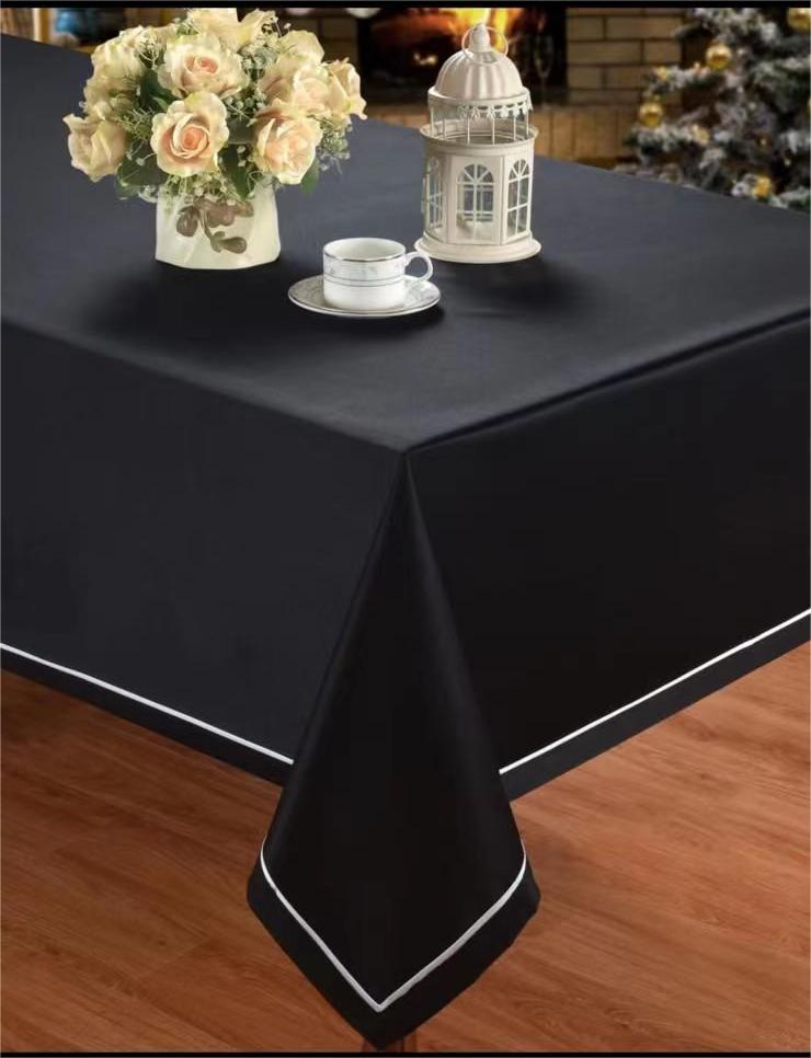 Light Grey/White/Black Tablecloth with Thin Black Hem, Simple Elegant Design, Decorative Table Cover for Everyday Use